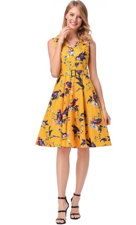 SZ60146-3 Лацкан Стелс Молния Птица Печать Дизайн Юбка Ретро Серия
